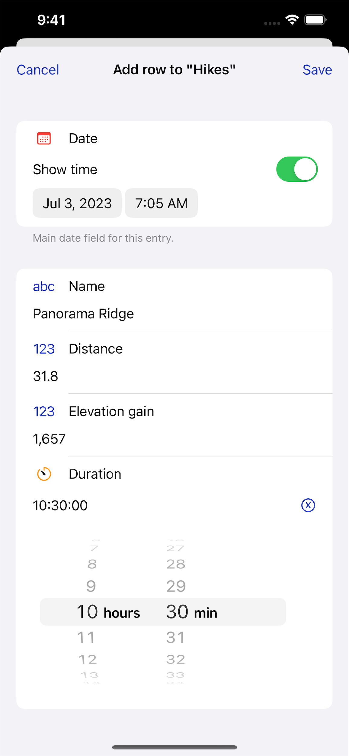 A form to add a row to a hiking tracker