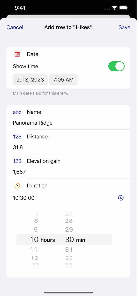 A form to add a row to a hiking tracker